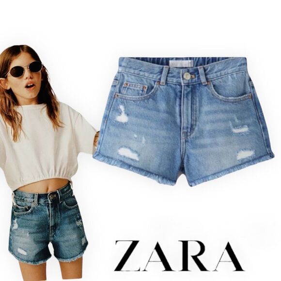 ZARA Kids | Blue | HIGH WAIST DAMAGED DENIM SHORTS - Picture 1 of 8